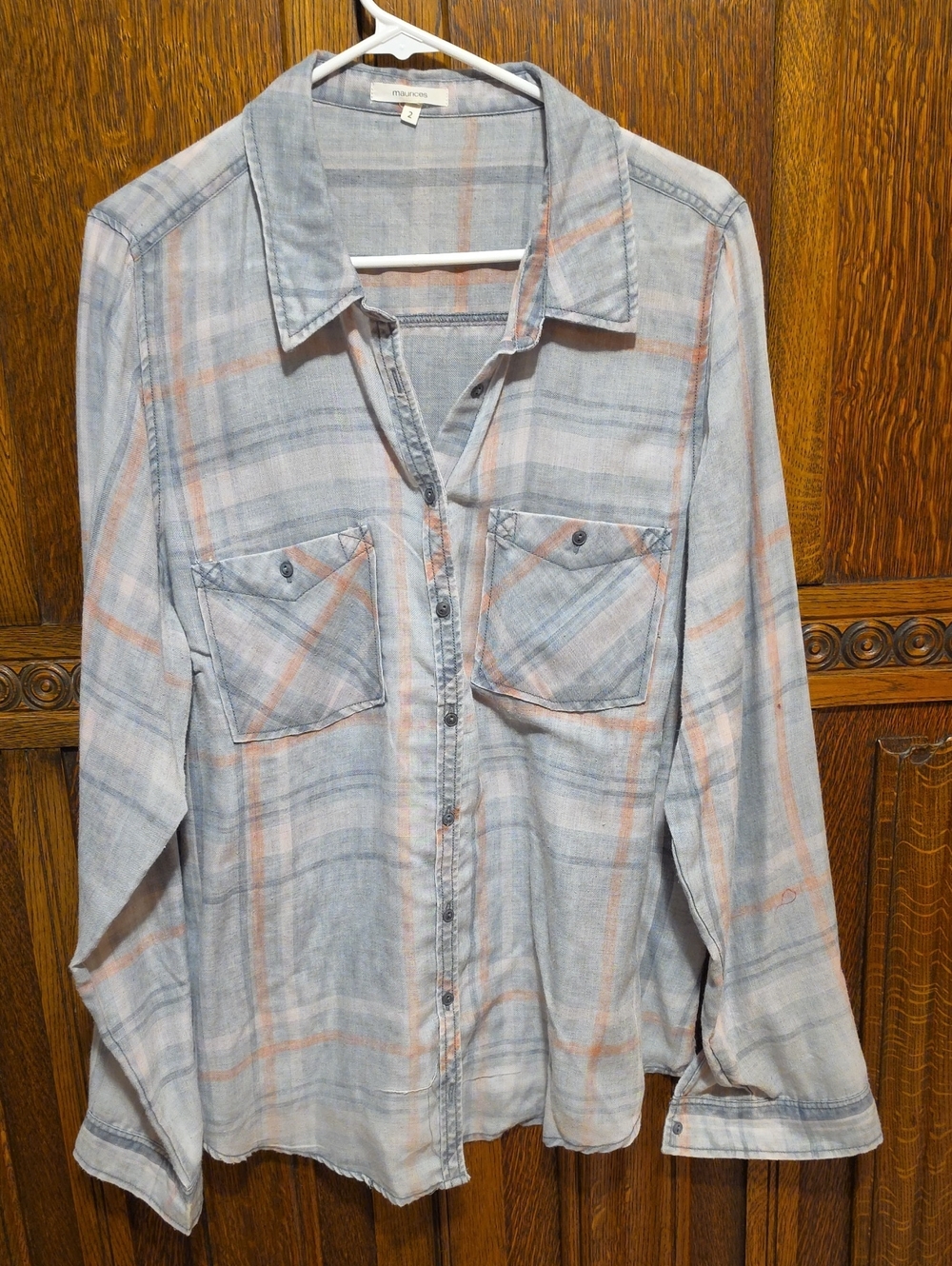Maurices Light Blue and Peach Plaid Button-Down Shirt